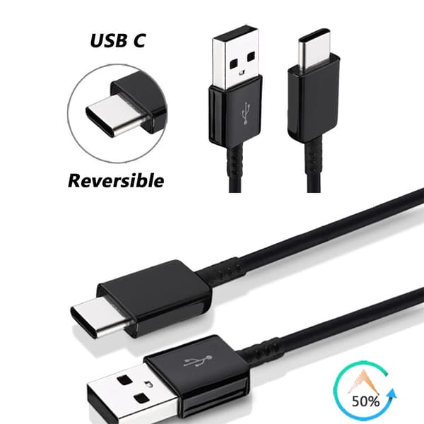 Universal opladningskabel med USB-C og USB-A 3A, sort og hvid.