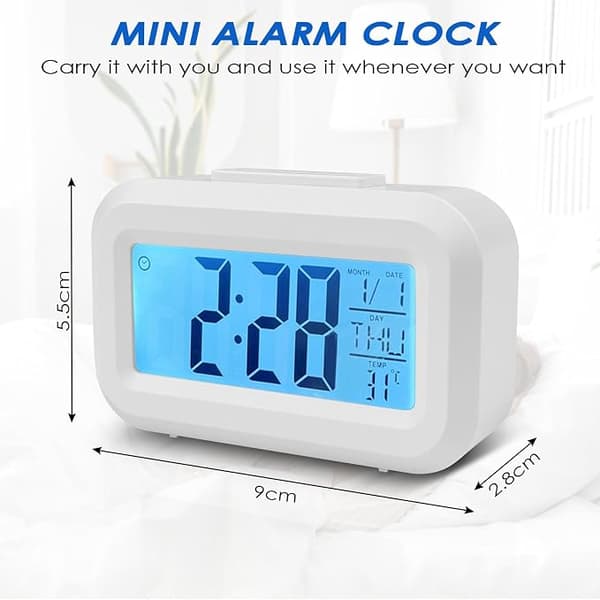 Digitalt vækkeur, LED-display, intelligent temperaturalarm, batteri, hvid
