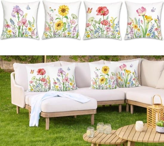 4-pak hvide haveblomstrede pyntepudebetræk, bløde vaskbare dekorative pudebetræk til terrasse og sofa