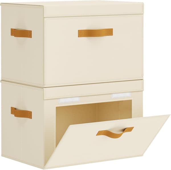Stor förvaringslåda med lock, frontöppning, tyg, fällbart lock, garderobsorganisatör, handtag, 2-pack, beige