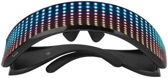 LED-oplyste festbriller med Bluetooth-forbindelse, der muliggør programmering af tekst og animationer via en app.