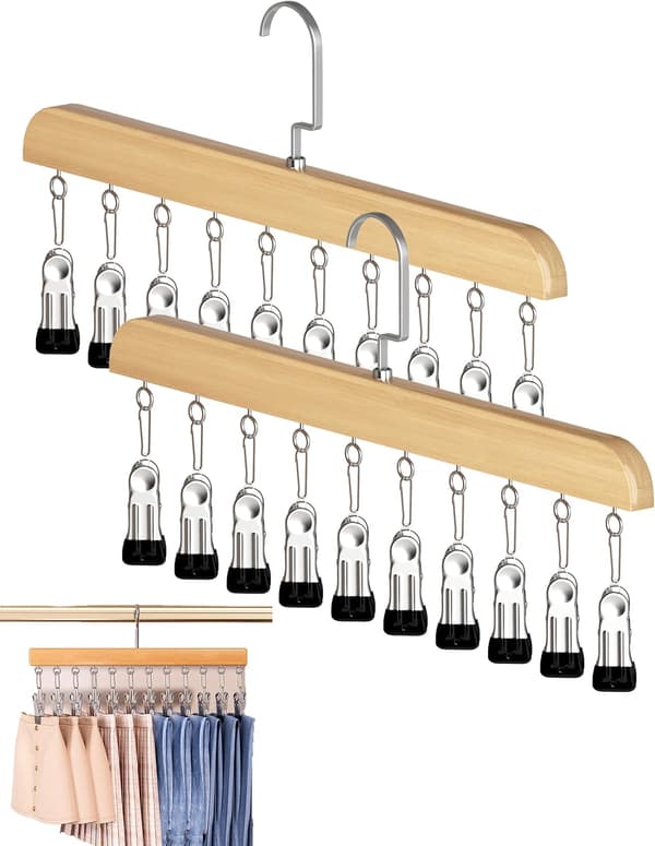 Garderobsorganisatör 10 klämmor 360 roterande trähängare 2-pack