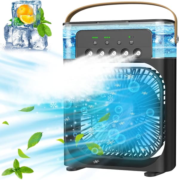 Bærbar 3-trins USB-bordmini-airconditionventilator med 360° oscillation og timer (sort)