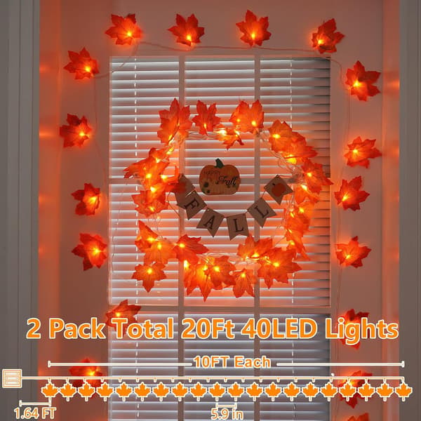 2-pak efterårshjemindretning Thanksgiving-lys Batteri 6 meter 40 LED-kranse Ahornblade Helligdage Efterårshøst Halloween