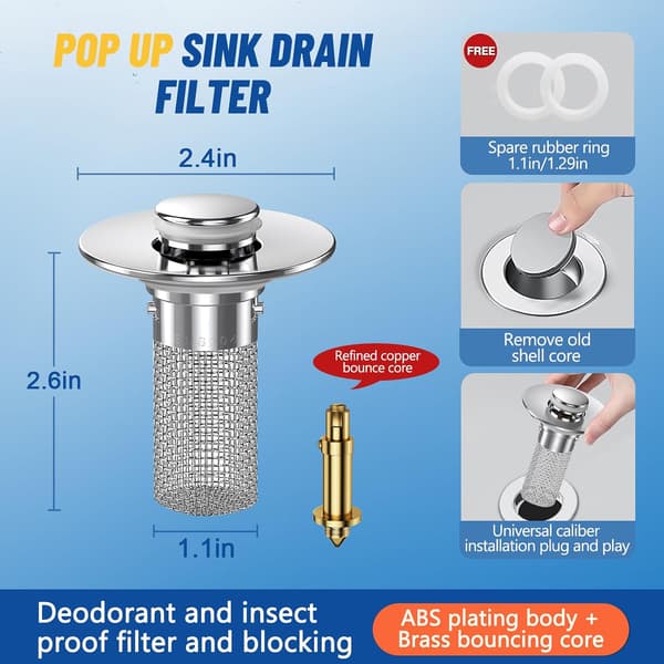 2-delt sæt med hårfanger til håndvask, pop-up afløbsfilter med kurv, amerikansk standard.
