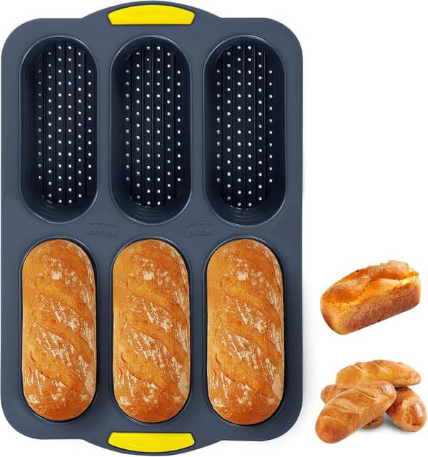Non-stick, varmebestandig silikone rektangulær brødform med perforeret hotdogbrødform, 6-rums non-stick bageplade, bageværktøj - grå