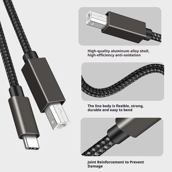 USB-B til USB-C datakabel, 3 meter, kompatibel med HP/Epson/Brother printere, sort.