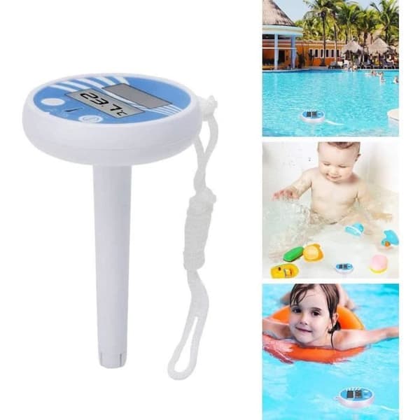 Soldriven digital flytande pooltermometer med LCD-display, lämplig för pooler, spa och dammar.