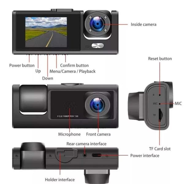 3-kamerabil-DVR 1080P fram, bak, interiör 32 GB minneskort