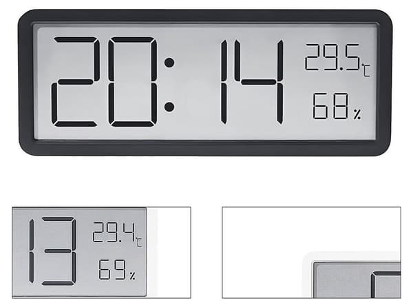 Digital väggklocka, klocka, väggdekoration, visar temp., datum & luftfuktighet, 20 cm, svart