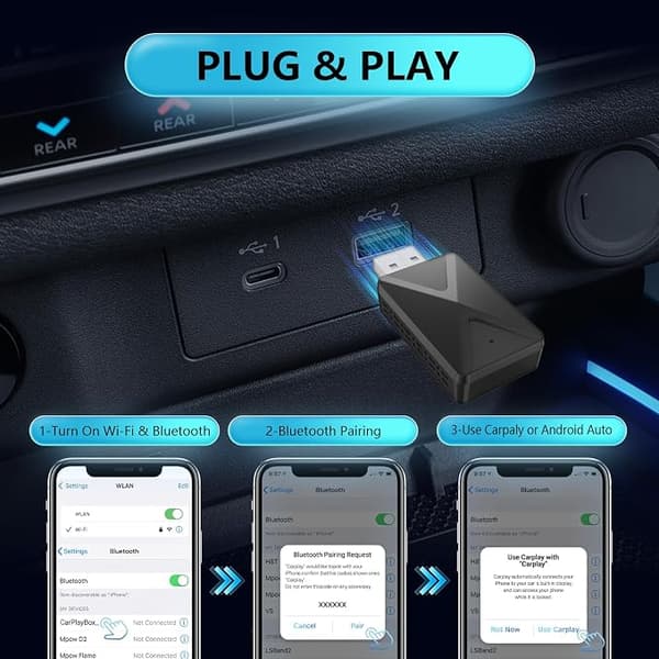 2-in-1 langaton sovitin Apple CarPlaylle ja Android Autolle, iOS 10+ ja 2017+ autoihin.