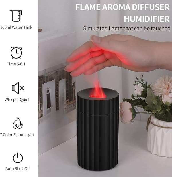 Flamme Aromaterapi Luftfugter, 100 ml kapacitet, 7 lysfarver tilgængelige, design