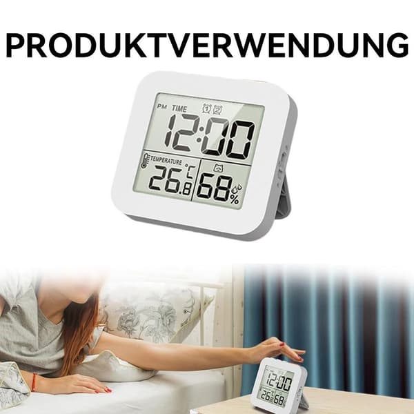 Digital termometer och hygrometer, med klocka och timer, 12/24-timmarsformat, nedräkningstimer, 2 larm, vit.
