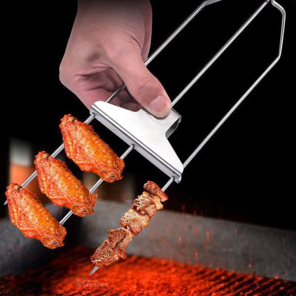 Grillgaffel i rustfrit stål, skydestang, uundværligt grilltilbehør.