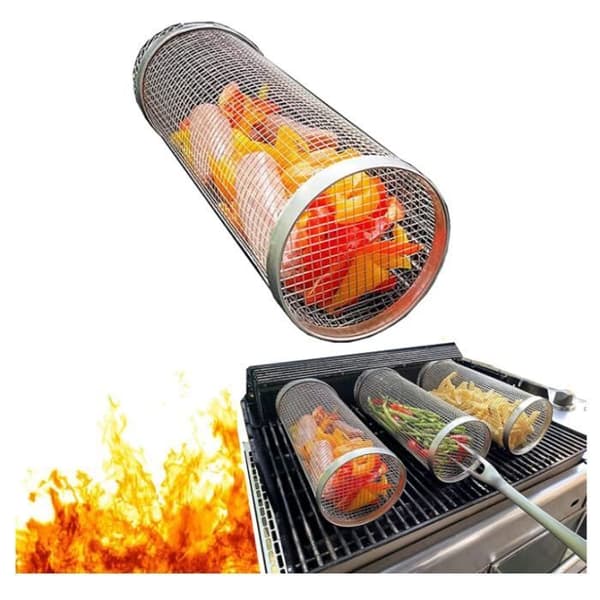 BBQ-tillbehör - Rostfria korgar - 2-pack - Cylindriska - Lämpliga för grönsaker och biffar