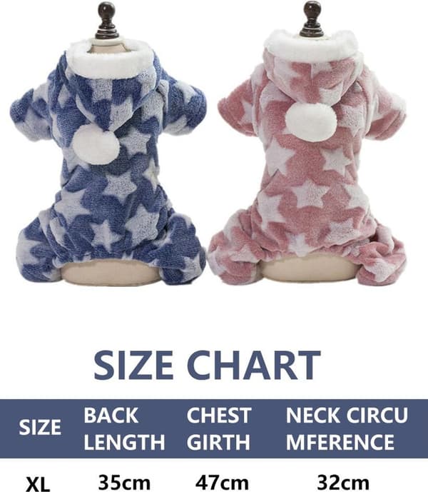 Små hunde todelt pyjamas, heldragt pyjamas, hætteklædt vinterfleecepyjamas (blå + pink)