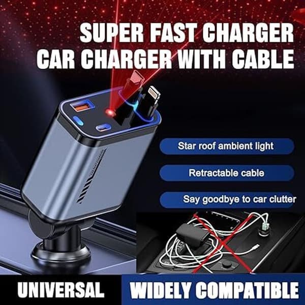 Infällbar billaddare, 120W, 4-i-1 USB-C biladapter, stöder snabbladdning.