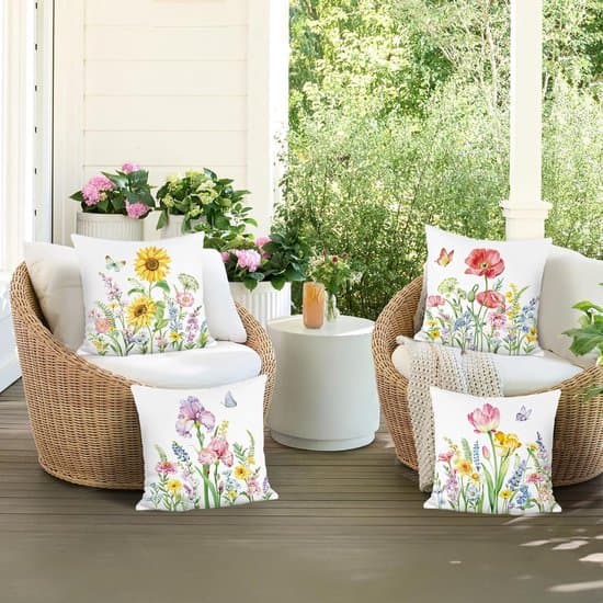 4-pak hvide haveblomstrede pyntepudebetræk, bløde vaskbare dekorative pudebetræk til terrasse og sofa