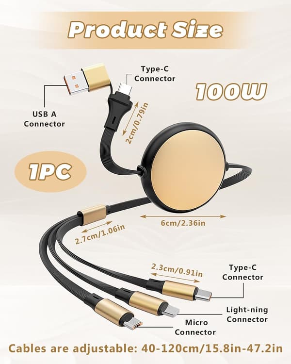 100W 5-i-1 infällbar laddningskabel, 5A snabbladdning, USB-C/A till Lightning/Type-C/Micro USB
