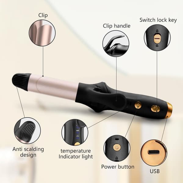 Mini Trådløs Hårkrøller 25mm 3 Temperaturer USB Genopladelig Rejse