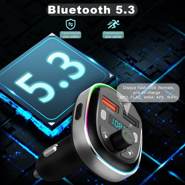 Bil Bluetooth 5.3 FM-sändare med PD 30W snabbladdning + QC3.0 stöder USB-uppspelning