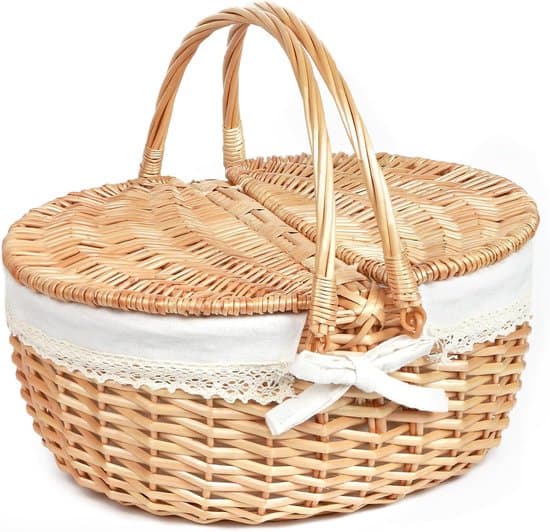Dubbel picknickkorg i korg med lock och snöflingemönstrat foder - 27x19x14cm