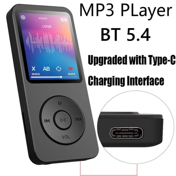 Bærbar MP3-afspiller 1,8 tommer Walkman Type-C Bluetooth 5.4 E-bøger Optag Sort