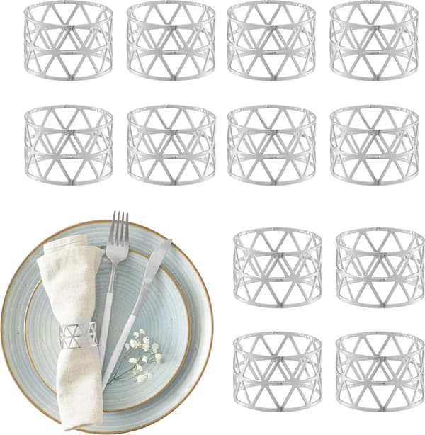 Servettringar - 12-pack - Geometriskt mönster - 3x4,5 cm - Silver
