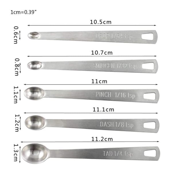 5 STK Rustfrit Stål Mini Måleskeer til Krydderier, Tørre og Flydende Ingredienser