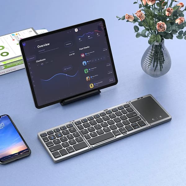 Sammenfoldeligt trådløst BT-tastatur, genopladeligt foldbart tastatur, egnet til PC, Mac, Smartphone, Windows, iOS & Android.