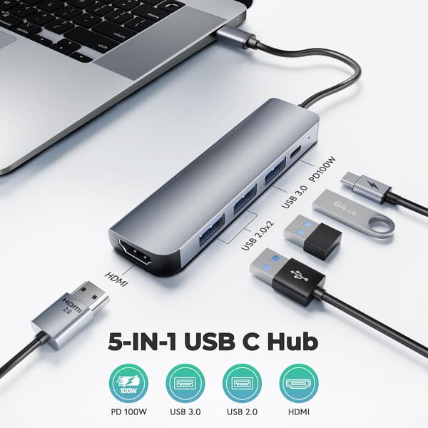 USB-C multifunktionsadapter, 5-i-1 dockningsstation, stöder 100W PD snabbladdning, HDMI 4K dubbel bildskärmsadapter, 3 USB-dataportar, lämplig