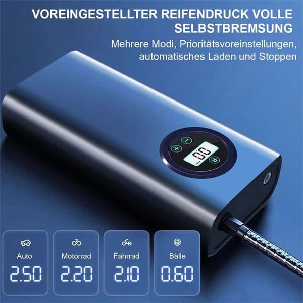 Batteridriven luftpump, luftpump med LCD-display och 3 munstycksadaptrar, kompressordäckpump