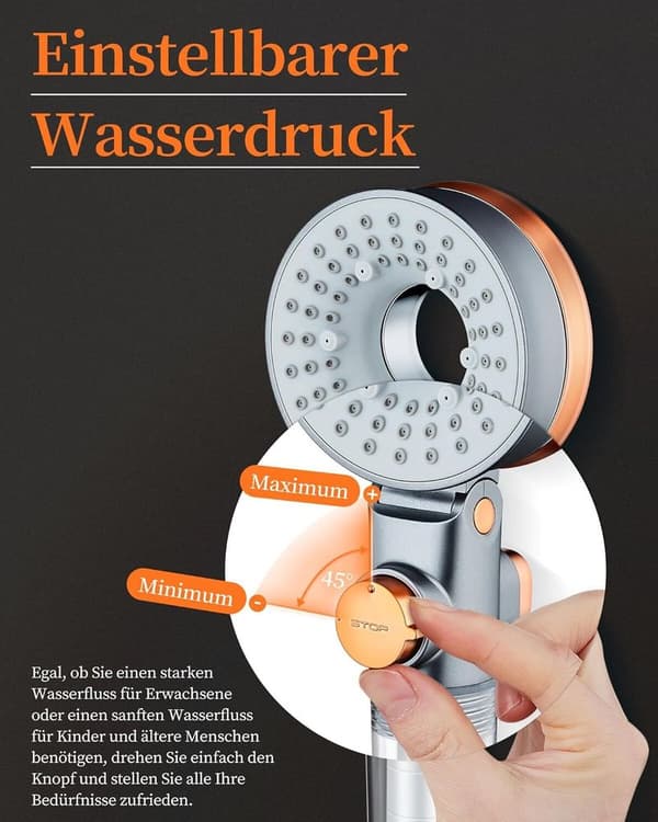 Vandbesparende bruser, tre spraytilstande; superladet håndbruser m/ afkalkningsfilter; regnbruser; vandbesparende bruser