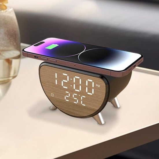 Vækkeur med oplader - Natbordsgadget - Afslappende søvn - Temperaturvisning - 11 x 7,9 cm - Sort