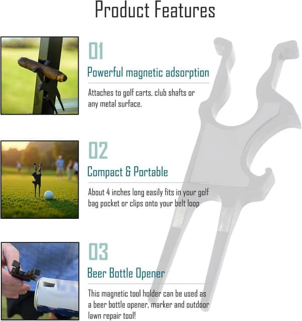 3-i-1 golf tee værktøjssæt, magnetisk vognmontering, tee box montering, plæneværktøj, boldmarkører, flaskeåbner, kompakte golftilbehør.