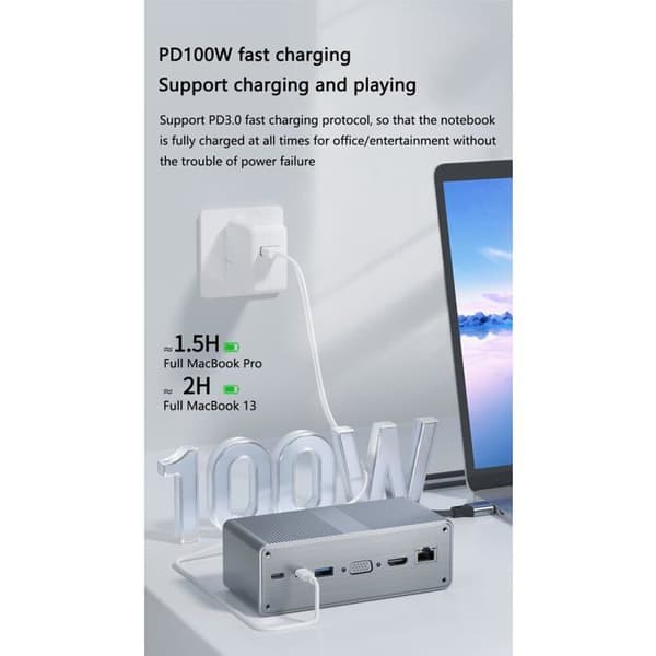 13-i-1 USB-C dockningsstation - Stöder 4K@30Hz projektion - Stöder 100W PD snabbladdning - Gigabit Ethernet-port