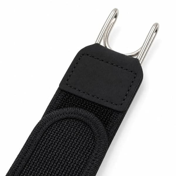 Sort bælte uden spænde, elastisk materiale, slip-on bælte, velcrolukning.
