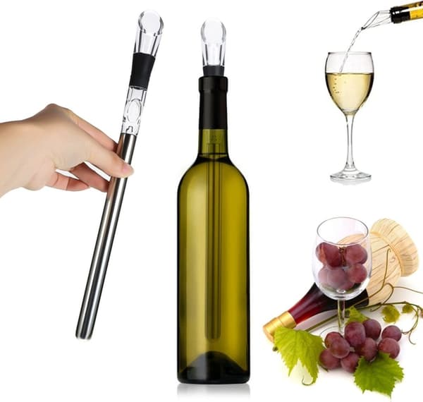 Fire vinkølestave i rustfrit stål med dekantere til dekantering og køling af vin.