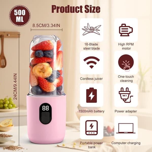 500 ml blender m/ digitalt display, smoothie maker, 16-bladet elektrisk USB juicer, mini blender