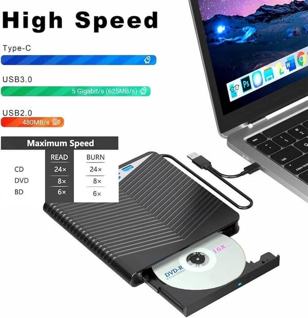 Extern optisk enhet, DVD/BD-spelare, läs-/skrivfunktion, bärbar UHD DVD-inspelare