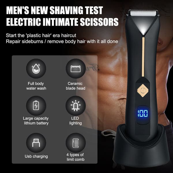Elektrisk intimbarbermaskine til mænd, våd/tør barbering, sort LCD digitalt display