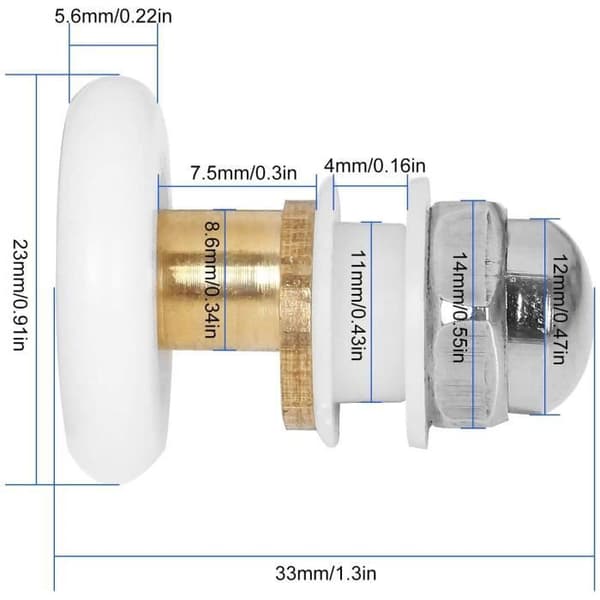 Et sæt med 8 brusedørsruller - skydedørsruller til bruser, 23 mm i diameter
