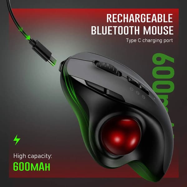 Genopladelig Trackball Trådløs Mus, Bluetooth 2.4G USB, Ergonomisk, PC/Android/Windows, 3 DPI-niveauer