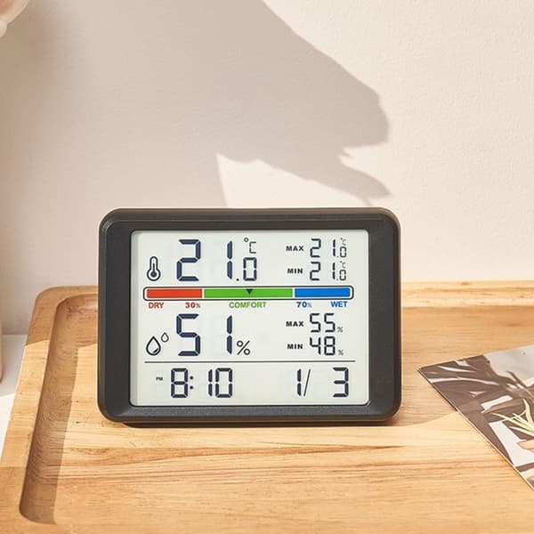 Digital termometer och hygrometer med klocka och fuktighetsdisplay - vit