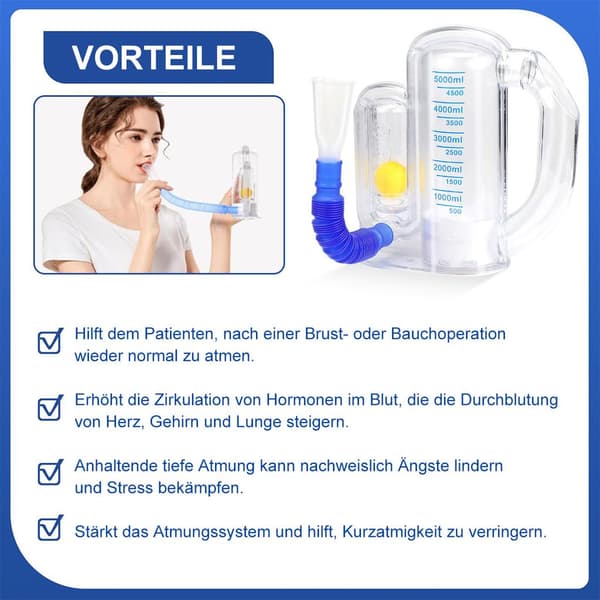 Lungefunktions træner, 5000 ml åndedrætstræner m/ kugleflowindikator & skala display, Velegnet til taleterapi & lungefunktions træning