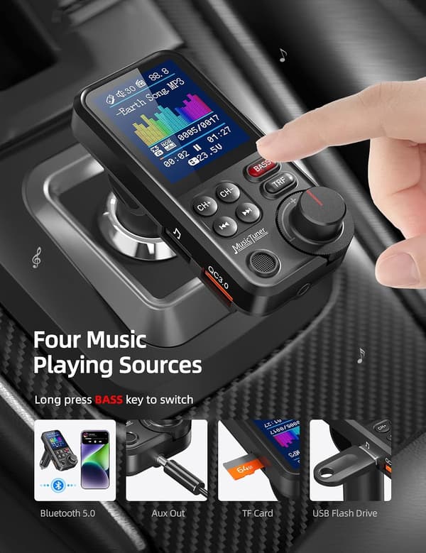 USB Bluetooth-lähetin, auton Bluetooth-radiosovitin, 1,8 tuuman värinäyttö, tukee QC3.0:aa