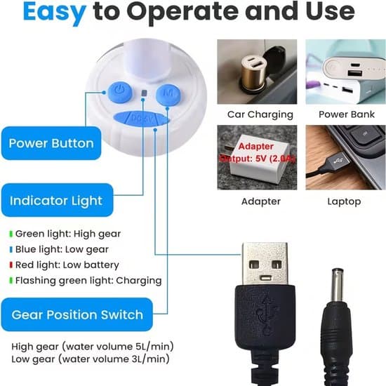 USB Uppladdningsbar Bärbar 3-i-1 Campingduschpumpsystem