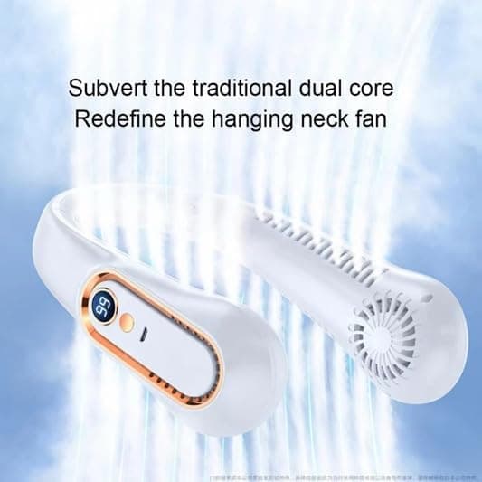 Bærbar ventilator, 360° kølende luftstrøm, display, flere hastighedsindstillinger, genopladelig, blå.