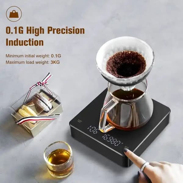 Digital genopladelig kaffevægt med timer og LED-display (3 kg/0,1 g, sort).