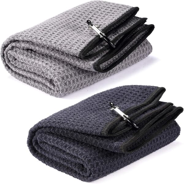 2-pack trefaldig golftvättset, mikrofiber våffelväv, kraftig karbinhake, 16\" x 24\" - Grå/Svart